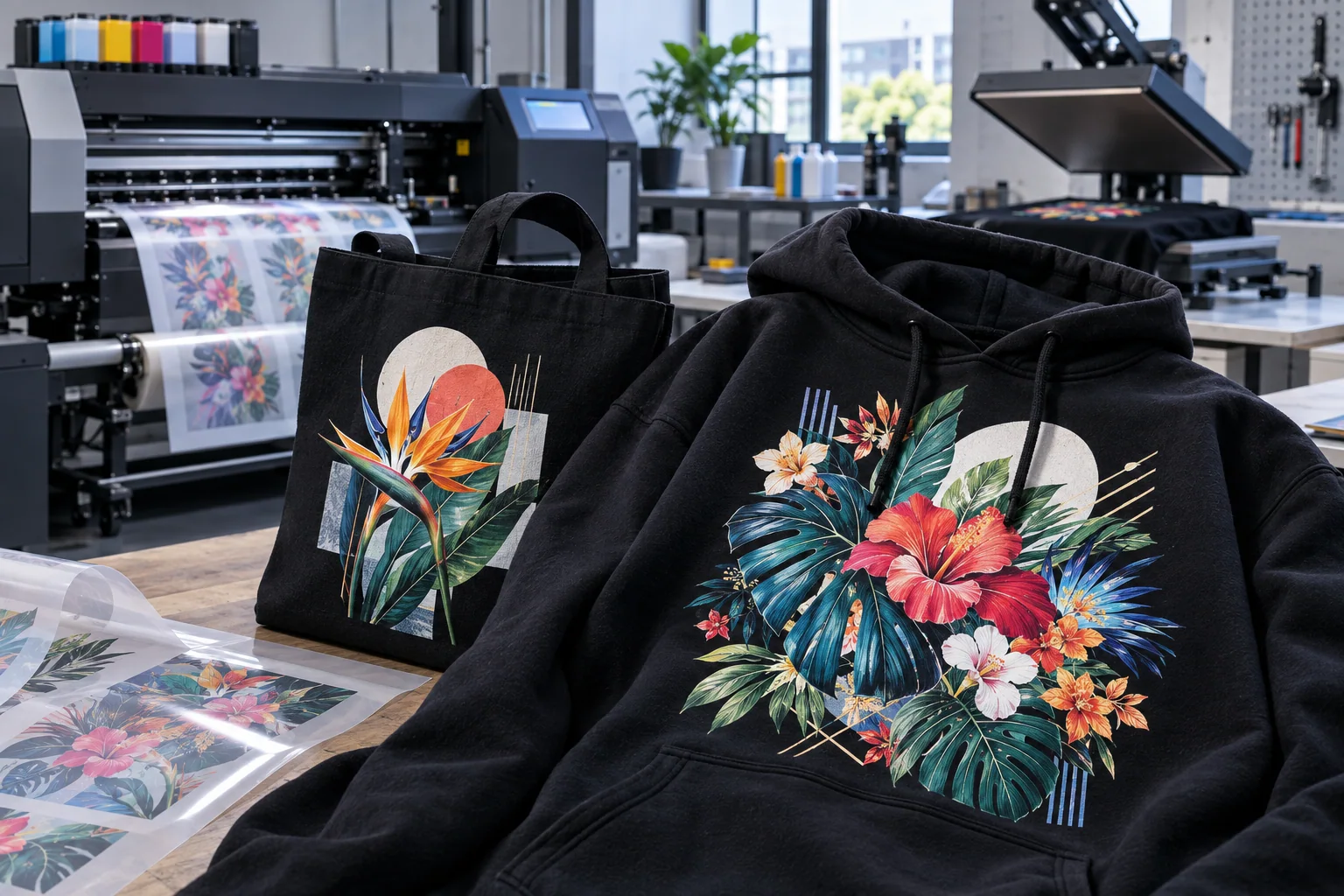 DTF transfer production with detailed printed hoodie and textile tote