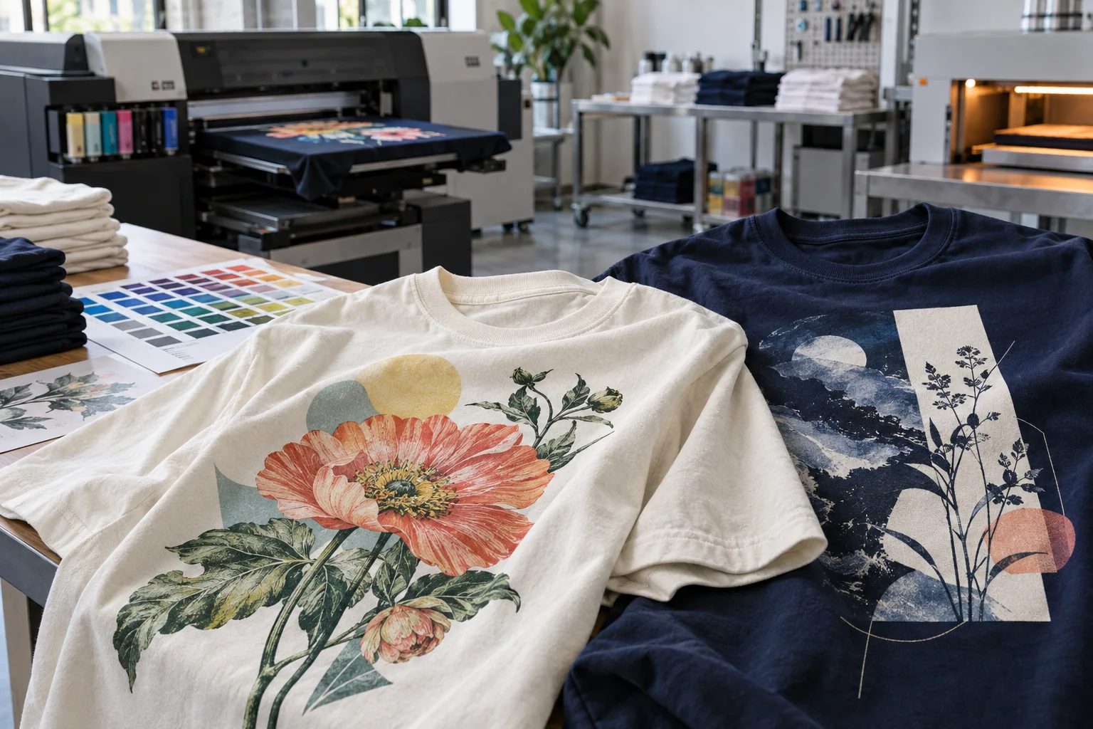 DTG production studio with high-detail prints on cotton garments